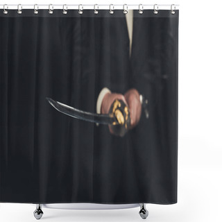 Personality  Cropped Shot Of Man In Suit With Katana Sword On Dark Background Shower Curtains