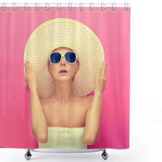 Personality  Portrait Of A Girl In A Hat On A Pink Background Shower Curtains
