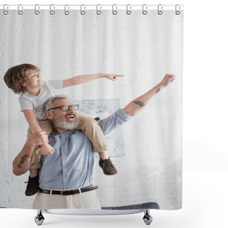 Personality  Excited Boy And Grandfather Gesturing At Home  Shower Curtains