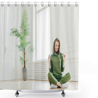 Personality  Positive Female Wears Hoody, Sits In Lotus Pose, Has Fun After Doing Sport, Glad To Have Morning Yoga Training, Fitness Workout, Models On Floor, Feels Happy. People, Energy, Exercising Concept Shower Curtains