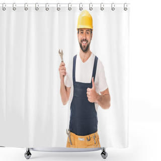 Personality  Handsome Happy Workman Holding Wrench And Showing Thumb Up Isolated On White Shower Curtains