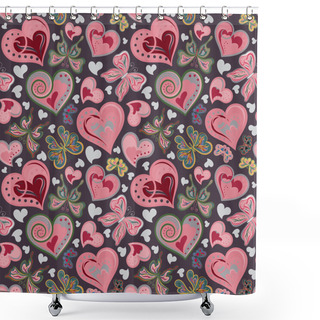 Personality  Seamless Valentine Pattern With Colorful Vintage Pink And Brown Butterflies, Flowers, Hearts On Black Background. Vector. Shower Curtains
