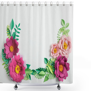 Personality  Top View Of Different Paper Flowers And Green Plants With Leaves On Grey Background Shower Curtains