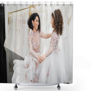 Personality  Special Moment, Happy Middle Eastern Bride In Wedding Gown Sitting And Holding Hands With Her Little Daughter In Bridal Salon Around White Tulle Fabrics, Bridal Shopping, Togetherness  Shower Curtains