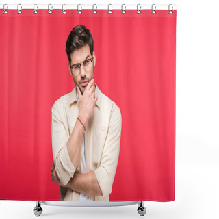 Personality  Pensive Man In Glasses Touching Chin Isolated On Pink Shower Curtains