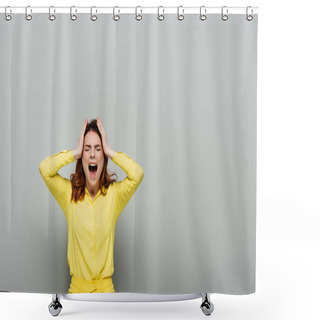 Personality  Angry Woman Screaming While Standing With Closed Eyes And Touching Head On Grey Shower Curtains