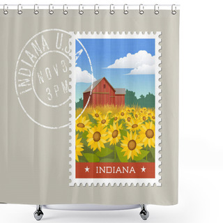 Personality  Indiana Postage Stamp Design. Vector Illustration Of Rural Scenic Red Barn With Sunflowers. Grunge Postmark On Separate Layer. Shower Curtains
