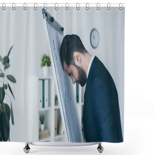 Personality  Depressed Businessman Standing With Closed Eyes And Leaning At Flipchart With Forehead  Shower Curtains