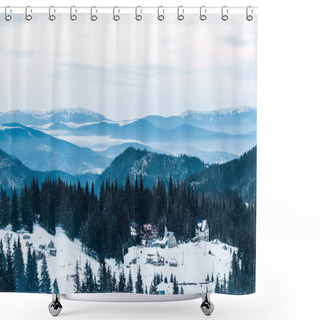 Personality  Scenic View Of Snowy Mountains With Pine Trees And Small Village Shower Curtains