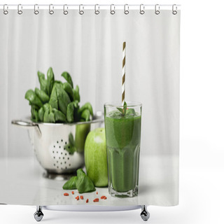 Personality  Selective Focus Of Green Smoothie In Glass With Straw Near Spinach Leaves And Apple On White  Shower Curtains