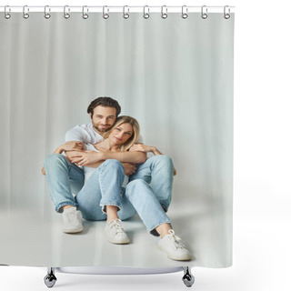 Personality  A Man And A Woman Sitting Intertwined, Expressing Love And Affection Through Their Physical Closeness. Shower Curtains