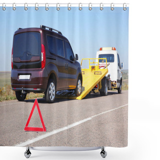 Personality  Emergency Stop Sign With Broken Car And Tow Truck On Background Shower Curtains