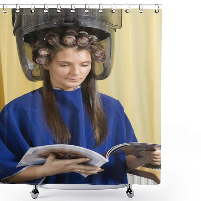 Personality  Young Woman Sitting Under A Hairdryier With Roller On Head Shower Curtains
