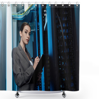 Personality  Beautiful Businesswoman Writing While Holding Clipboard In Server Room  Shower Curtains