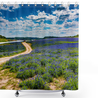 Personality  Old Texas Dirt Road In Field Of  Texas Bluebonnet Wildflowers Shower Curtains