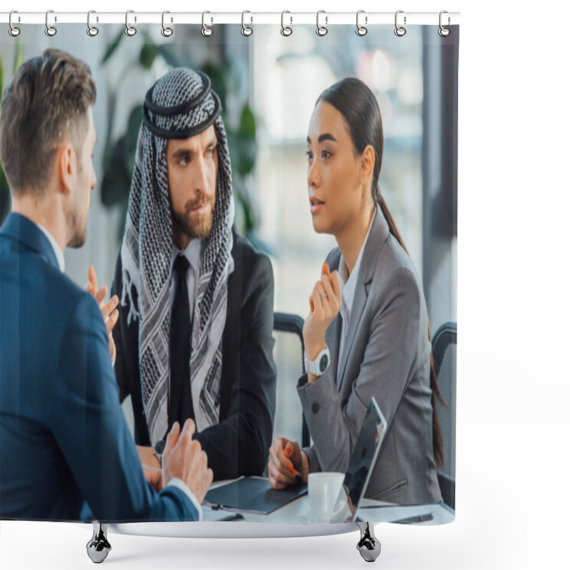 Personality  Multicultural Business Partners Talking On Meeting With Translator In Office Shower Curtains