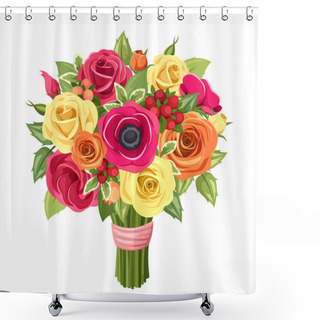 Personality  Bouquet Of Colorful Roses, Lisianthus And Anemones Flowers. Vector Illustration. Shower Curtains