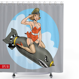 Personality  A Vintage Comic Style Sexy Woman Riding A Bomb. Bombshell. Vector Illustration. Shower Curtains