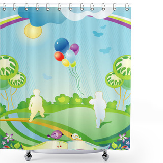 Personality  Landscape With Silhouettes Of Children And Departing Balloons Shower Curtains