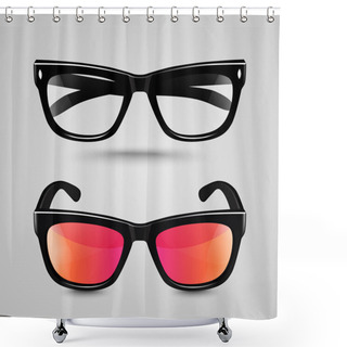 Personality  Eye Glasses Set. Sunglasses And Reading Eyeglasses With Black Color Frame And  Transparent Lens In Different Shade. Shower Curtains