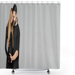 Personality  Bearded Husband In Black T-shirt Touching Belly Of Fashionable Fair Haired And Pregnant Wife While Standing Isolated On Grey, New Beginnings And Parenting Concept, Banner  Shower Curtains