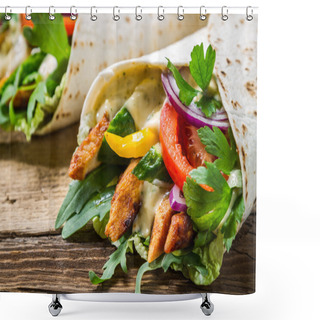 Personality  Closeup Of Kebab In A Pancake With Vegetables Shower Curtains