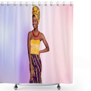 Personality  Photo Of Charming Happy Dark Skin Woman Hold Hand Waist Wear Tribal Outfit Isolated On Gradient Effect Background Shower Curtains