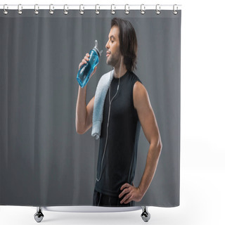 Personality  Smiling Muscular Man With Towel Drinking Water From Sports Bottle Isolated On Grey Shower Curtains