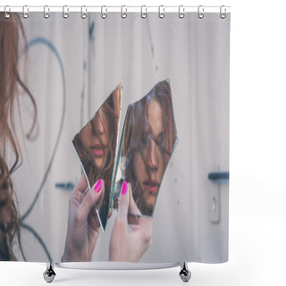Personality  Beautiful Girl Looking At Herself In A Mirror Shower Curtains