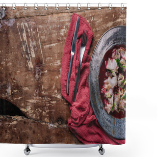 Personality  Gourmet Ceviche With Dorado In Plate, Fork And Knife On Wooden Table   Shower Curtains