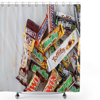 Personality  Incorporated Manufactured Toffifee, Milky Way, Raffaello, Snickers, Twix, Mars, Hersheys Chocolate Bars With Dark And Milk Chocolate Mix, Assortment. Top View. Shower Curtains