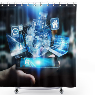 Personality  Tech Devices And Icons Connected To Digital Planet Earth Shower Curtains