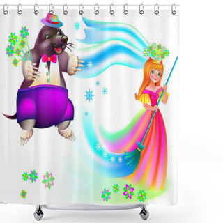 Personality  Illustration To The Children's Tale. Beautiful Little Girl With A Broom And A Mole With A Bouquet Of Flowers. Shower Curtains