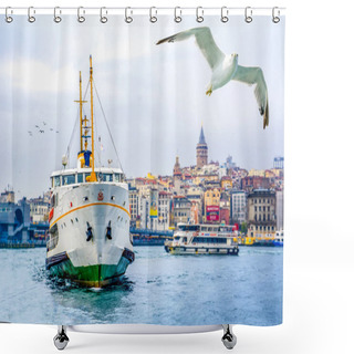 Personality  Muslim Architecture And Water Transport In Turkey - Beautiful View Touristic Landmarks From Sea Voyage On Bosphorus. Cityscape Of Istanbul At Sunset - Old Mosque And Turkish Steamboats, View On Golden Horn. Shower Curtains