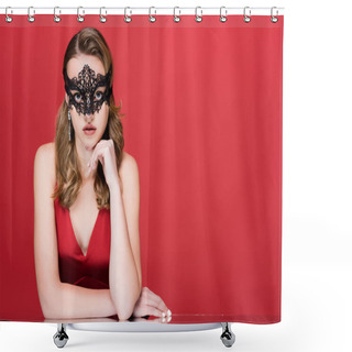 Personality  Young Elegant Woman In Black Carnival Mask Looking At Camera On Red Shower Curtains