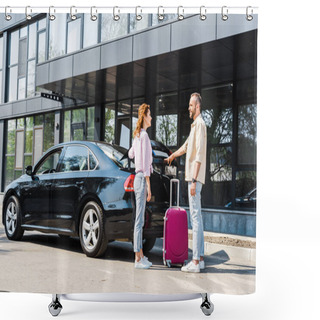 Personality  Cheerful Man Looking At Happy Woman While Standing Near Car And Pink Luggage  Shower Curtains