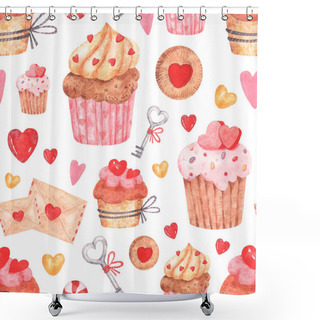 Personality  Seamless Pattern With Watercolor Elements On The Theme Of Love, Valentine's Day:cakes With Cream And Sprinkles In The Form Of Hearts,chocolate Muffins,hearts Of Different Colors,letter With Heart Seal Shower Curtains