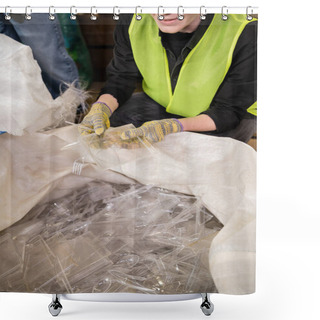 Personality  Cropped View Of Smiling Female Sorter In Protective Vest And Gloves Holding Plastic Garbage Near Sack While Working In Waste Disposal Station, Garbage Sorting And Recycling Concept Shower Curtains