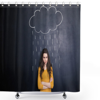 Personality  Unpleased Woman With Raincloud Drawn Over Her On Blackboard Background  Shower Curtains