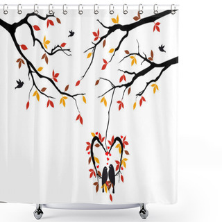 Personality  Birds On Autumn Tree In Heart Nest, Vector Shower Curtains