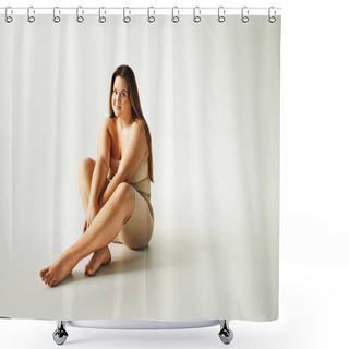 Personality  Barefoot And Joyous Woman With Plus Size Body In Strapless Top With Bare Shoulders And Underwear Sitting In Studio On Grey Background, Body Positive, Self-love, Looking At Camera, Full Length Shower Curtains