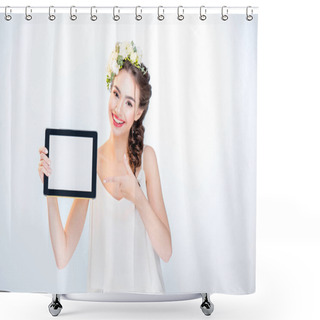 Personality  Woman Showing Digital Tablet  Shower Curtains