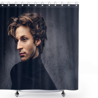 Personality  Portrait Of A Charismatic Sensual Male In Black Sweater. Creative Personality. Shower Curtains