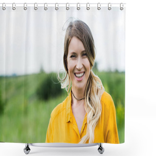 Personality  Positive Young Woman Smiling While Looking At Camera  Shower Curtains