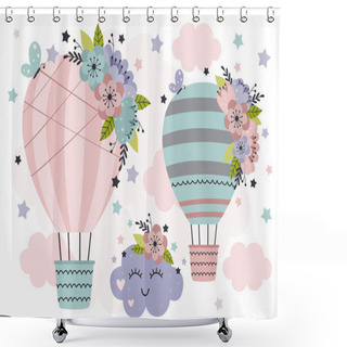 Personality  Cute Poster With Hot Air Balloon Cloud And Flowers -  Vector Illustration, Eps Shower Curtains
