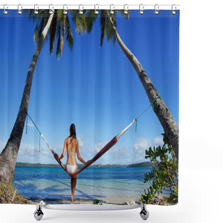 Personality  Young Woman In Bikini Sitting In A Hammock Between Palm Trees, O Shower Curtains