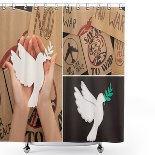 Personality  Collage Of Woman Holding White Dove Above No War Placards On Black Background Shower Curtains