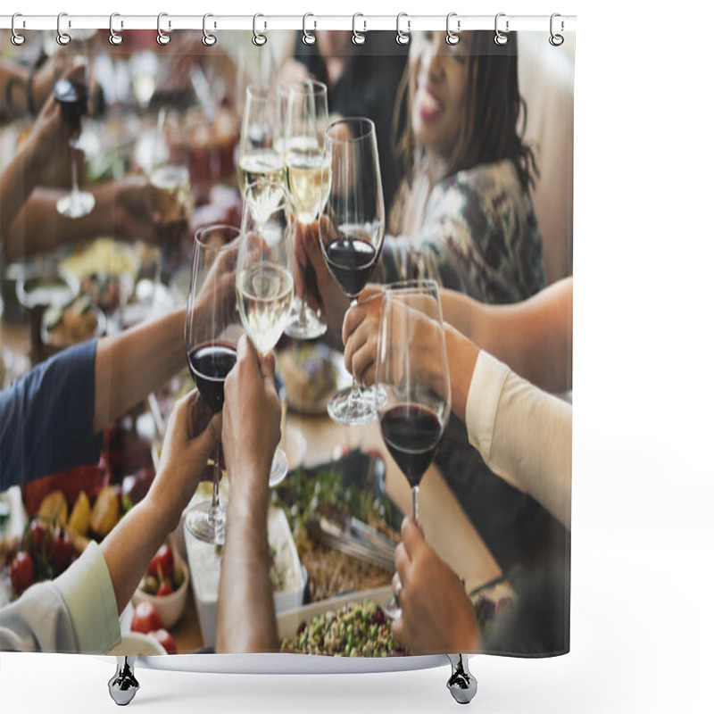 Personality   People cheers with glasses  shower curtains