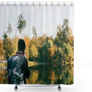 Personality  Male Traveller With Backpack On Autumnal Background Shower Curtains