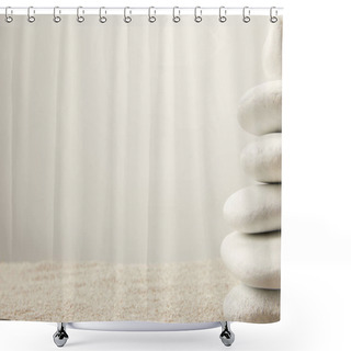 Personality  Close Up View Of Arranged White Sea Stones On Sand On Grey Background Shower Curtains